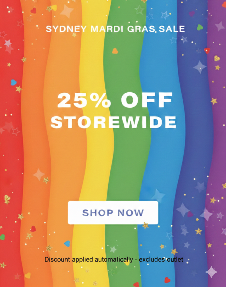 Colorful striped pattern with text overlay for Sydney Mardi Gras sale.